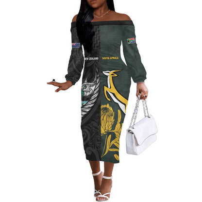 New Zealand vs South Africa Rugby Custom Off The Shoulder Long Sleeve Dress Maori - African Pattern