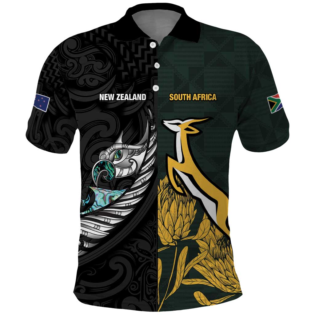 New Zealand vs South Africa Rugby Custom Polo Shirt Maori - African Pattern