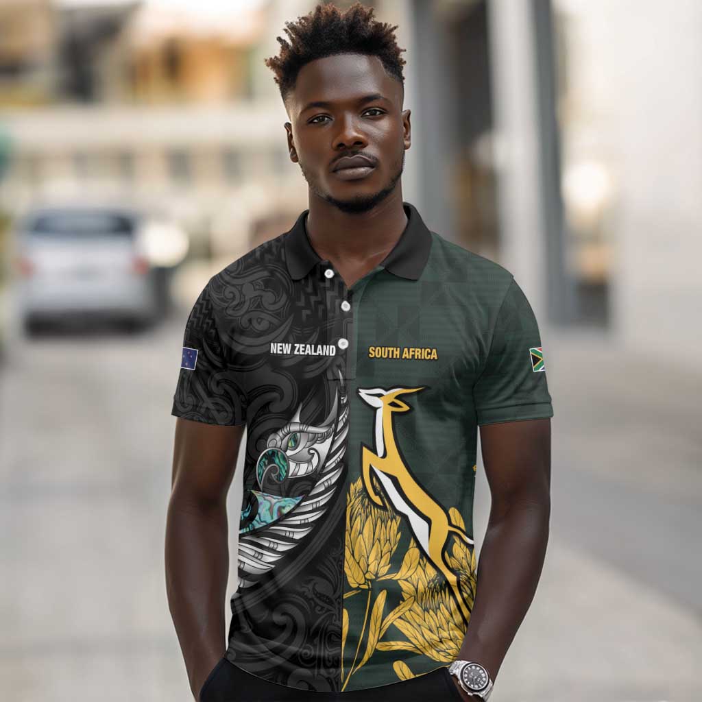 New Zealand vs South Africa Rugby Custom Polo Shirt Maori - African Pattern