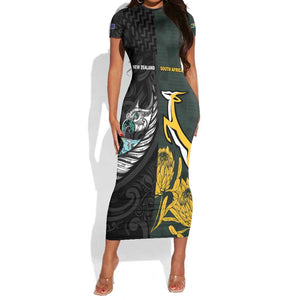 New Zealand vs South Africa Rugby Custom Short Sleeve Bodycon Dress Maori - African Pattern LT15