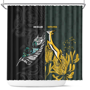 New Zealand vs South Africa Rugby Shower Curtain Maori - African Pattern