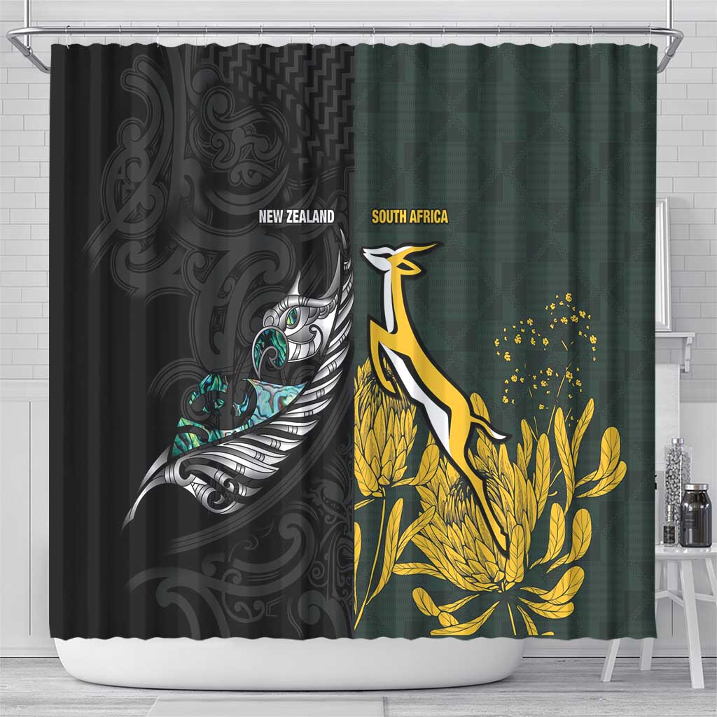 New Zealand vs South Africa Rugby Shower Curtain Maori - African Pattern