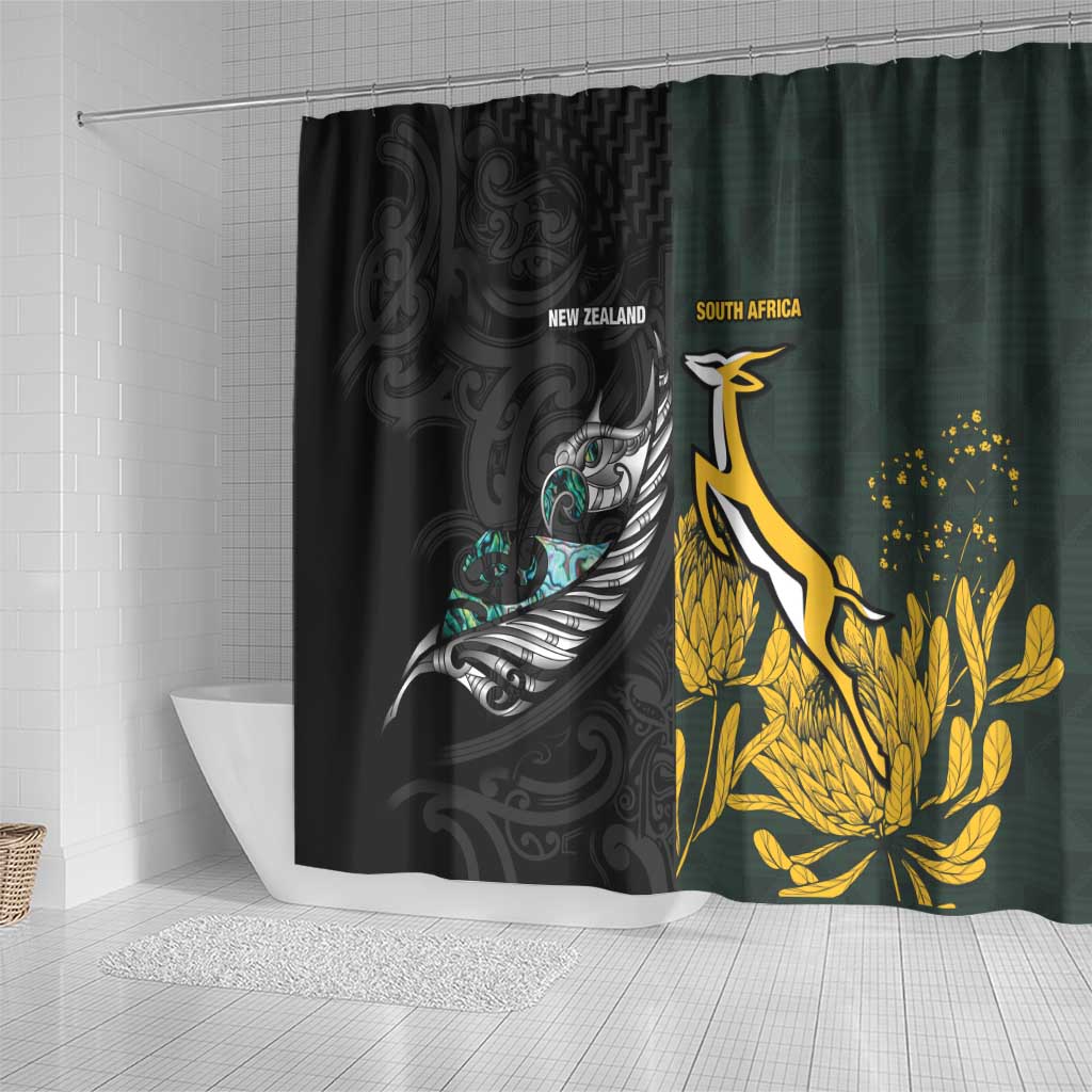 New Zealand vs South Africa Rugby Shower Curtain Maori - African Pattern