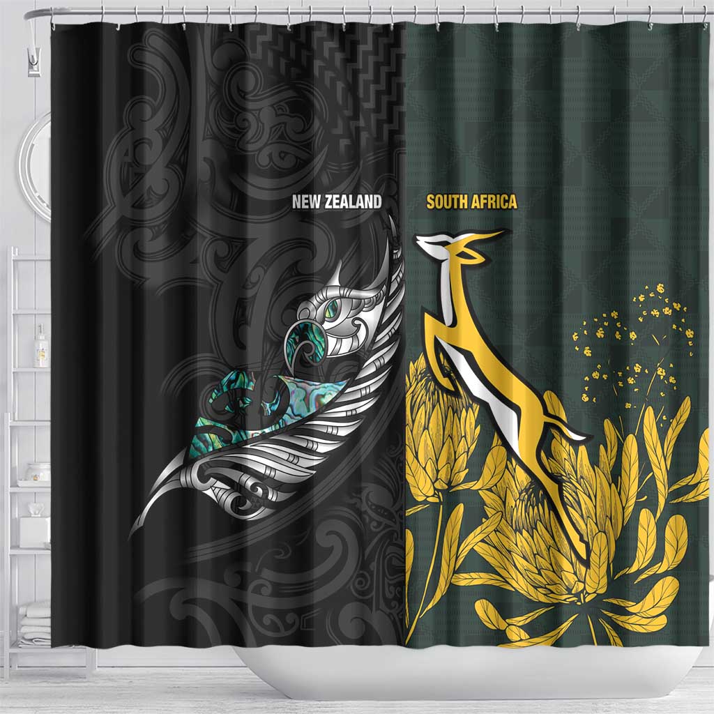 New Zealand vs South Africa Rugby Shower Curtain Maori - African Pattern