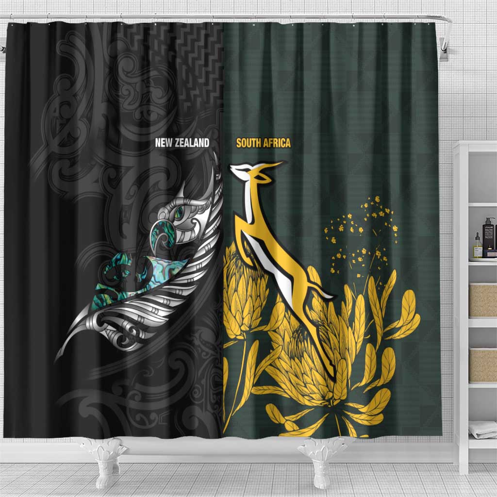New Zealand vs South Africa Rugby Shower Curtain Maori - African Pattern
