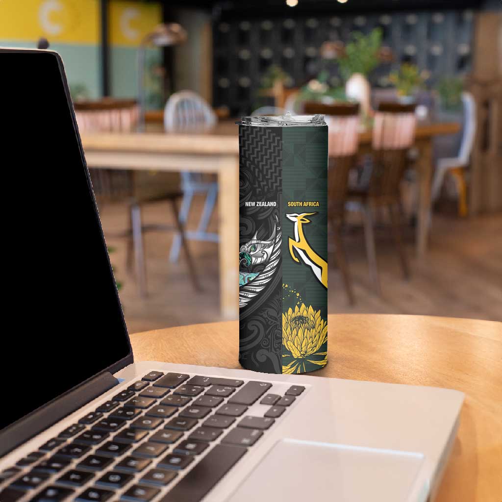 New Zealand vs South Africa Rugby Custom Skinny Tumbler Maori - African Pattern
