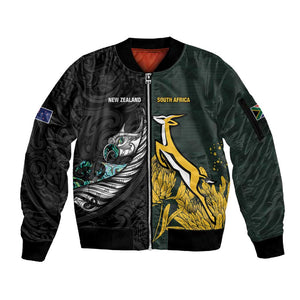 New Zealand vs South Africa Rugby Custom Sleeve Zip Bomber Jacket Maori - African Pattern