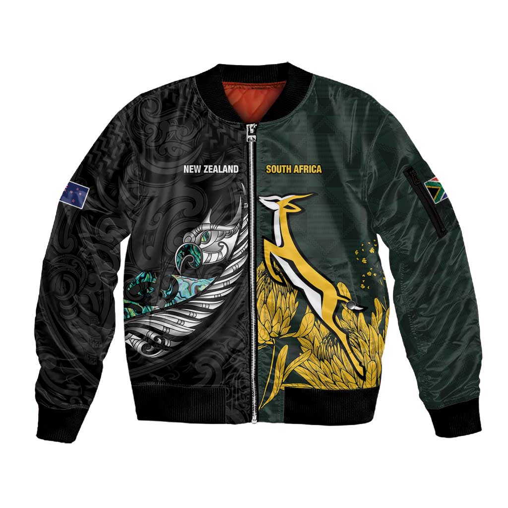 New Zealand vs South Africa Rugby Custom Sleeve Zip Bomber Jacket Maori - African Pattern