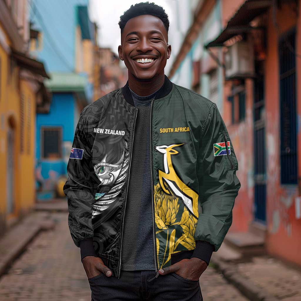 New Zealand vs South Africa Rugby Custom Sleeve Zip Bomber Jacket Maori - African Pattern