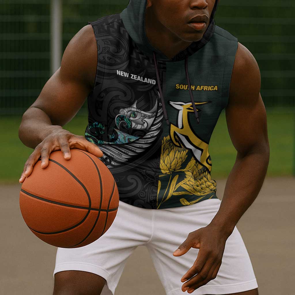 New Zealand vs South Africa Rugby Custom Sleeveless Hoodie Maori - African Pattern - African Pride