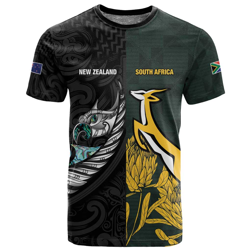 New Zealand vs South Africa Rugby Custom T shirt Maori - African Pattern