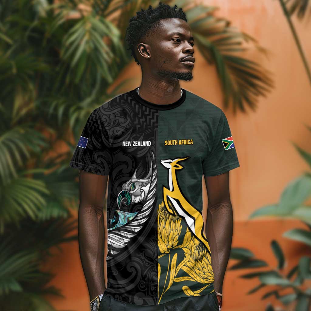 New Zealand vs South Africa Rugby Custom T shirt Maori - African Pattern