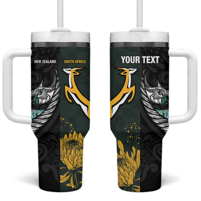 New Zealand vs South Africa Rugby Custom Tumbler With Handle Maori - African Pattern