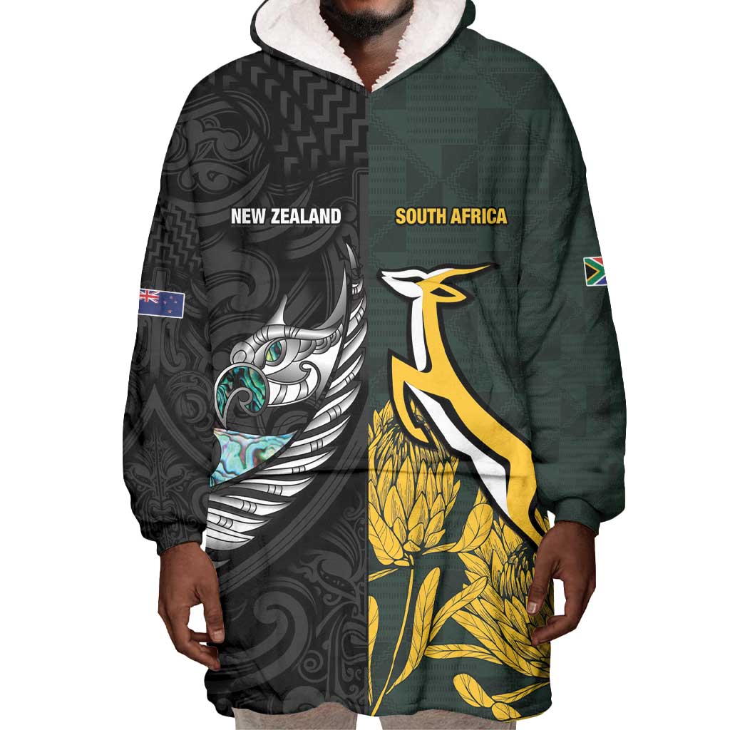 New Zealand vs South Africa Rugby Custom Wearable Blanket Hoodie Maori - African Pattern