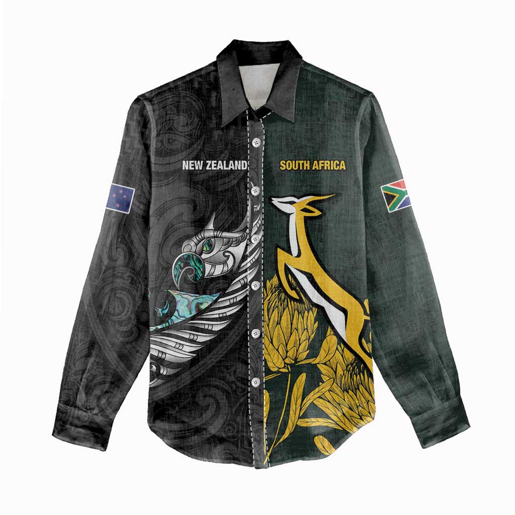 New Zealand vs South Africa Rugby Custom Women Casual Shirt Maori - African Pattern