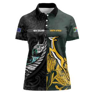New Zealand vs South Africa Rugby Custom Women Polo Shirt Maori - African Pattern