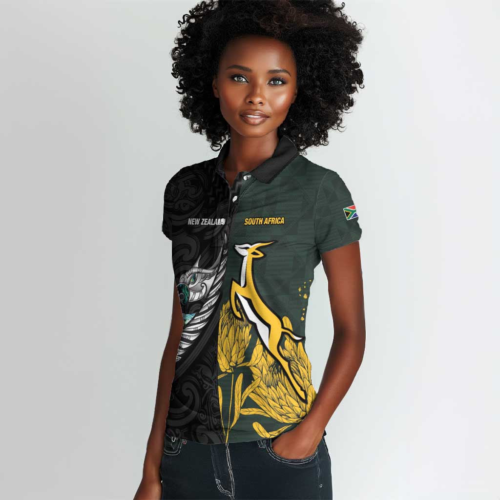 New Zealand vs South Africa Rugby Custom Women Polo Shirt Maori - African Pattern