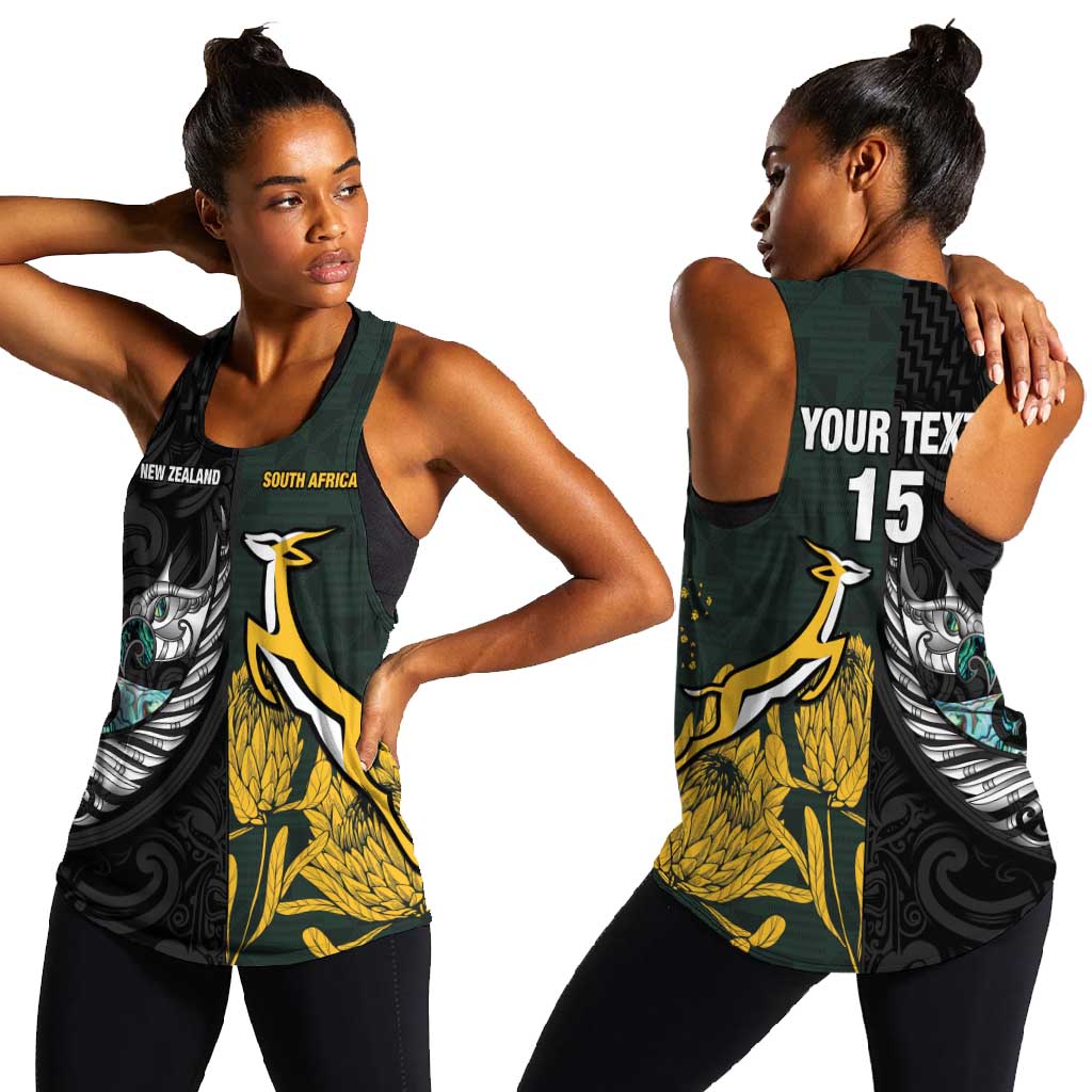 New Zealand vs South Africa Rugby Custom Women Racerback Tank Maori - African Pattern
