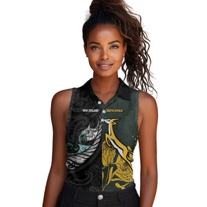 New Zealand vs South Africa Rugby Custom Women Sleeveless Polo Shirt Maori - African Pattern