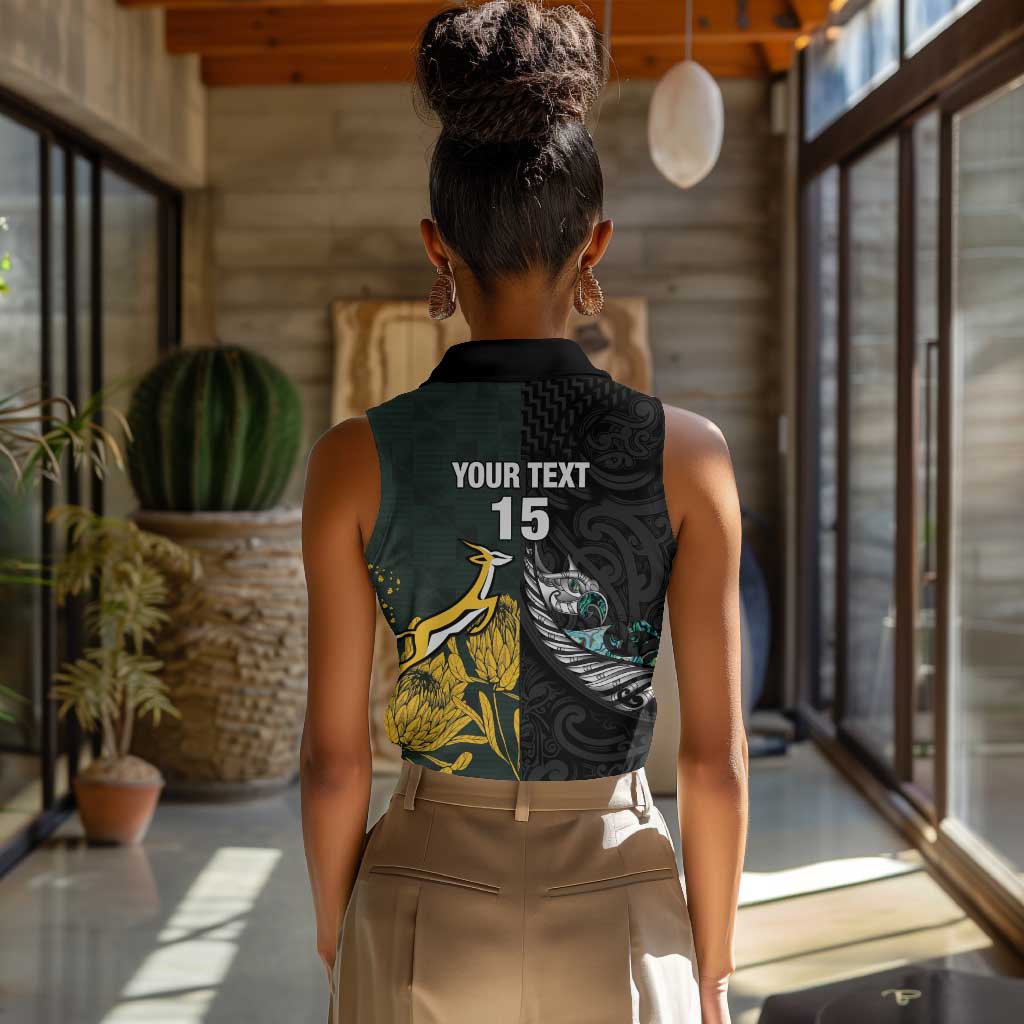 New Zealand vs South Africa Rugby Custom Women Sleeveless Polo Shirt Maori - African Pattern