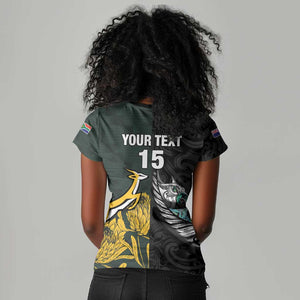 New Zealand vs South Africa Rugby Custom Women V-Neck T-Shirt Maori - African Pattern