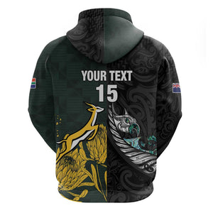 New Zealand vs South Africa Rugby Custom Zip Hoodie Maori - African Pattern