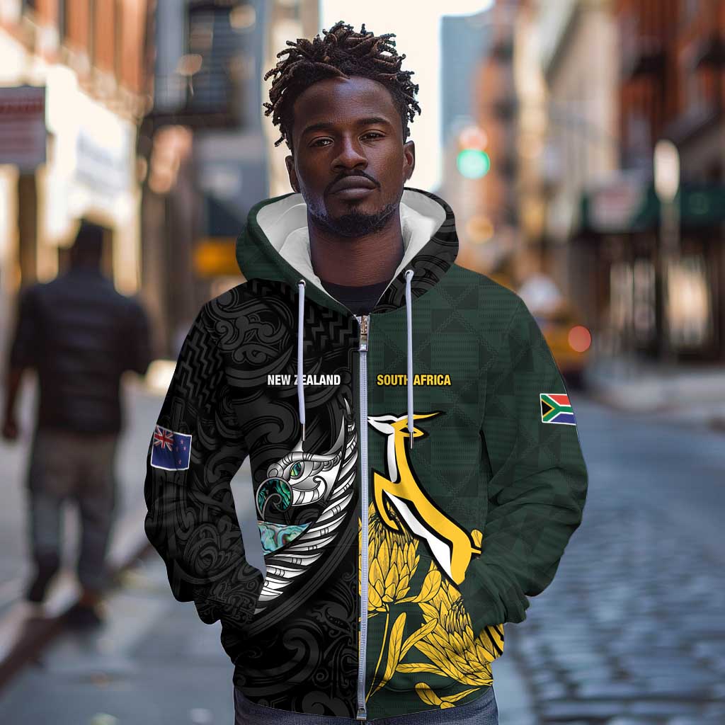 New Zealand vs South Africa Rugby Custom Zip Hoodie Maori - African Pattern