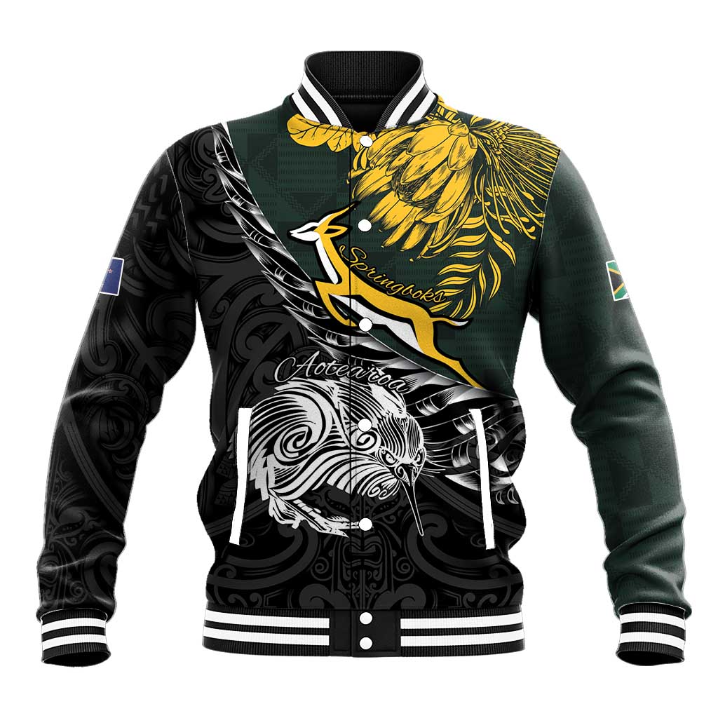 New Zealand vs South Africa Rugby Personalised Baseball Jacket Maori Kiwi With Springboks