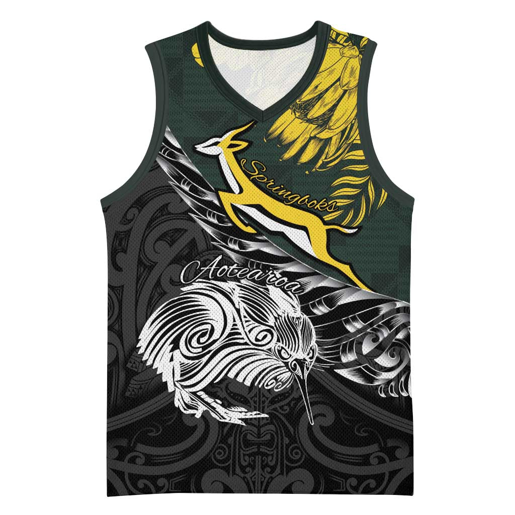 New Zealand vs South Africa Rugby Personalised Basketball Jersey Maori Kiwi With Springboks LT15