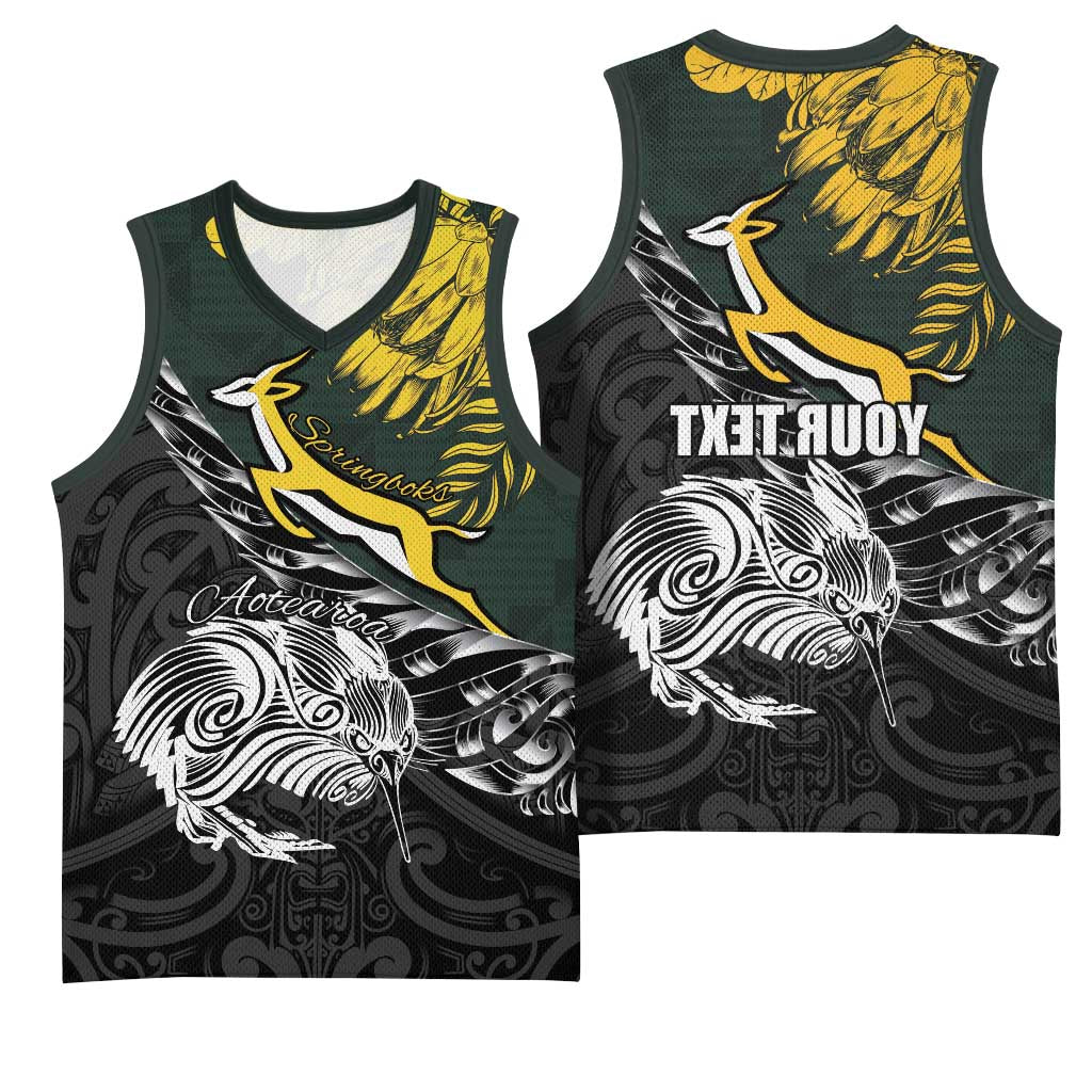 New Zealand vs South Africa Rugby Personalised Basketball Jersey Maori Kiwi With Springboks - African Pride