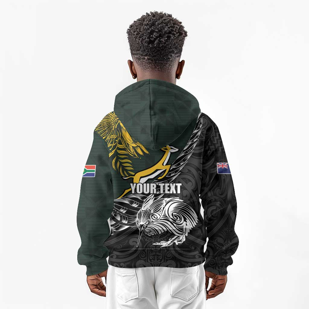 New Zealand vs South Africa Rugby Personalised Kid Hoodie Maori Kiwi With Springboks