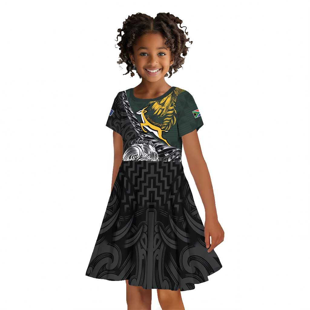 New Zealand vs South Africa Rugby Personalised Kid Short Sleeve Dress Maori Kiwi With Springboks