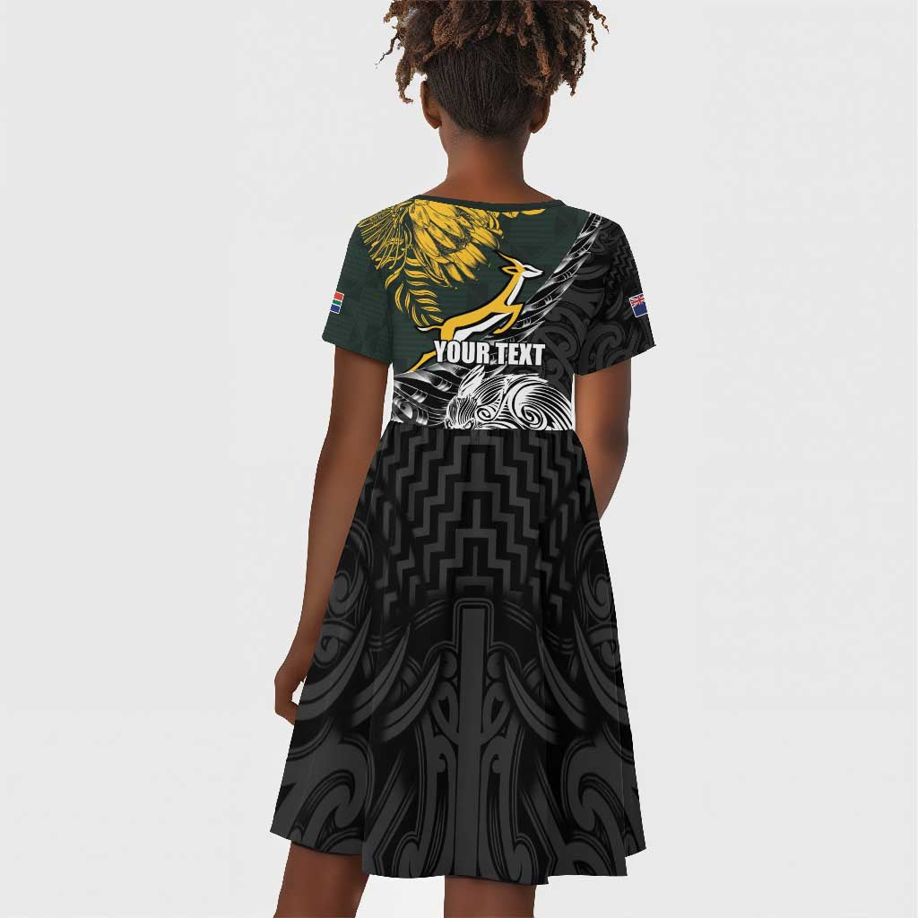 New Zealand vs South Africa Rugby Personalised Kid Short Sleeve Dress Maori Kiwi With Springboks