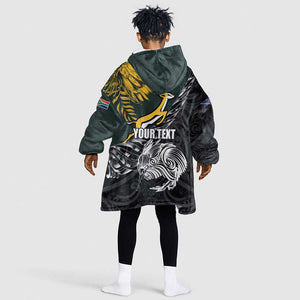 New Zealand vs South Africa Rugby Personalised Kid Wearable Blanket Hoodie Maori Kiwi With Springboks