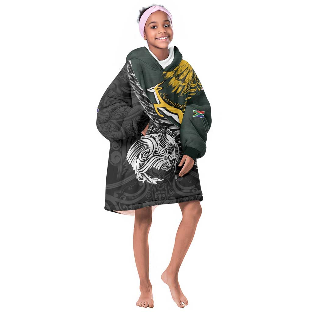 New Zealand vs South Africa Rugby Personalised Kid Wearable Blanket Hoodie Maori Kiwi With Springboks