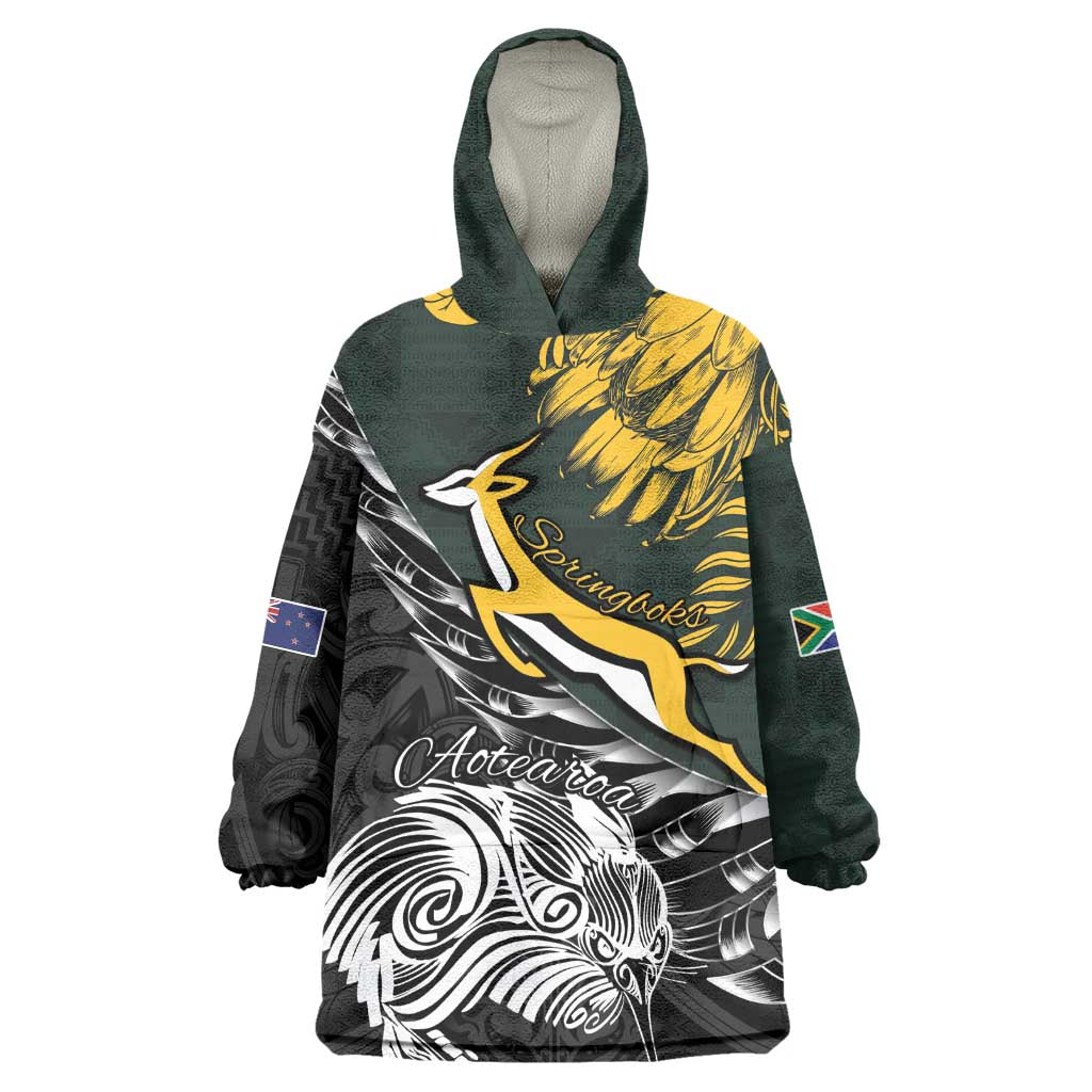 New Zealand vs South Africa Rugby Personalised Kid Wearable Blanket Hoodie Maori Kiwi With Springboks
