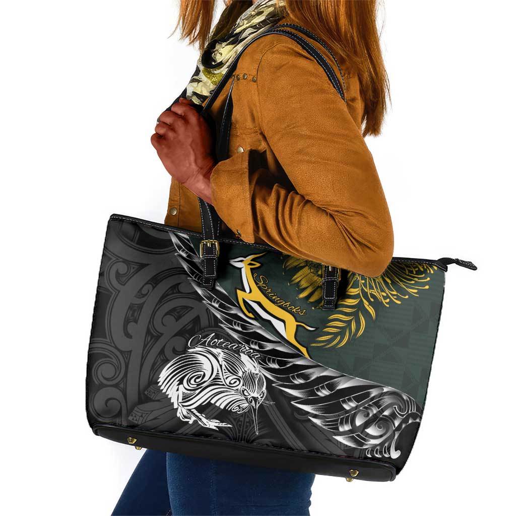 New Zealand vs South Africa Rugby Leather Tote Bag Maori Kiwi With Springboks