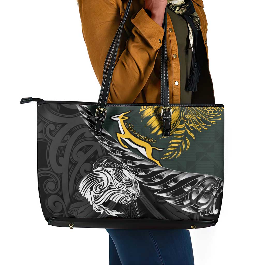 New Zealand vs South Africa Rugby Leather Tote Bag Maori Kiwi With Springboks