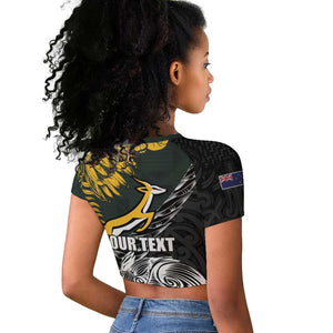 New Zealand vs South Africa Rugby Personalised Raglan Cropped T shirt Maori Kiwi With Springboks