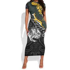 New Zealand vs South Africa Rugby Personalised Short Sleeve Bodycon Dress Maori Kiwi With Springboks LT15