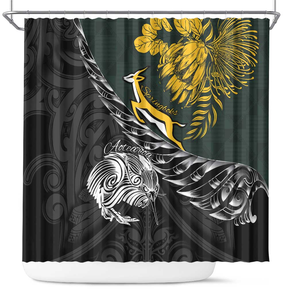 New Zealand vs South Africa Rugby Shower Curtain Maori Kiwi With Springboks