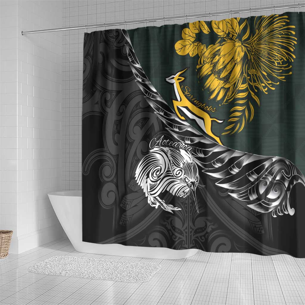 New Zealand vs South Africa Rugby Shower Curtain Maori Kiwi With Springboks