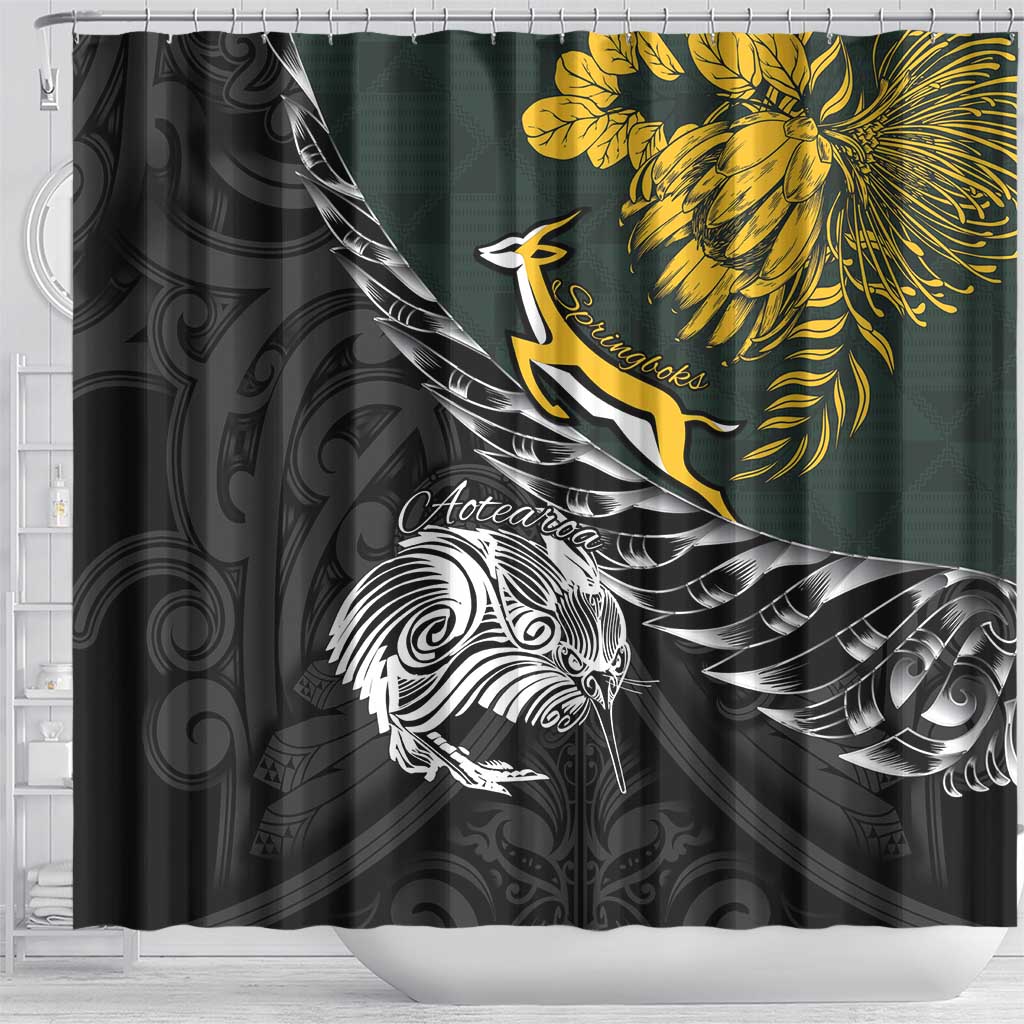 New Zealand vs South Africa Rugby Shower Curtain Maori Kiwi With Springboks