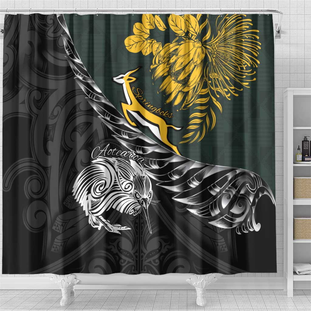 New Zealand vs South Africa Rugby Shower Curtain Maori Kiwi With Springboks
