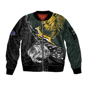 New Zealand vs South Africa Rugby Personalised Sleeve Zip Bomber Jacket Maori Kiwi With Springboks