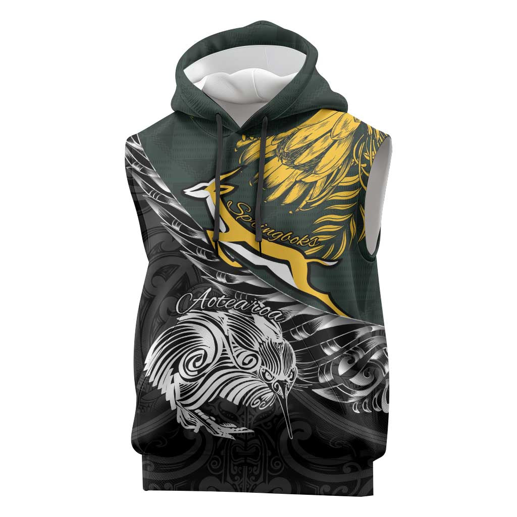 New Zealand vs South Africa Rugby Personalised Sleeveless Hoodie Maori Kiwi With Springboks - African Pride