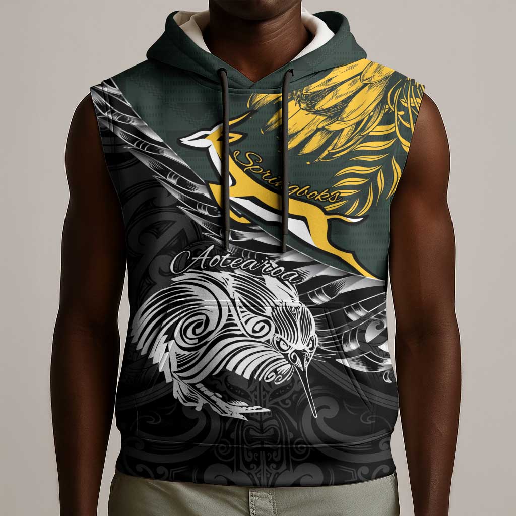 New Zealand vs South Africa Rugby Personalised Sleeveless Hoodie Maori Kiwi With Springboks - African Pride
