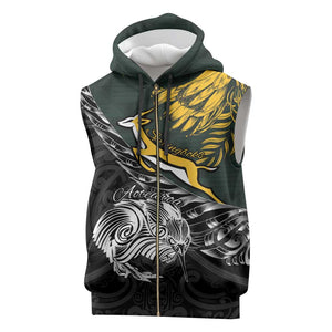 New Zealand vs South Africa Rugby Personalised Sleeveless Zip Hoodie Maori Kiwi With Springboks - African Pride