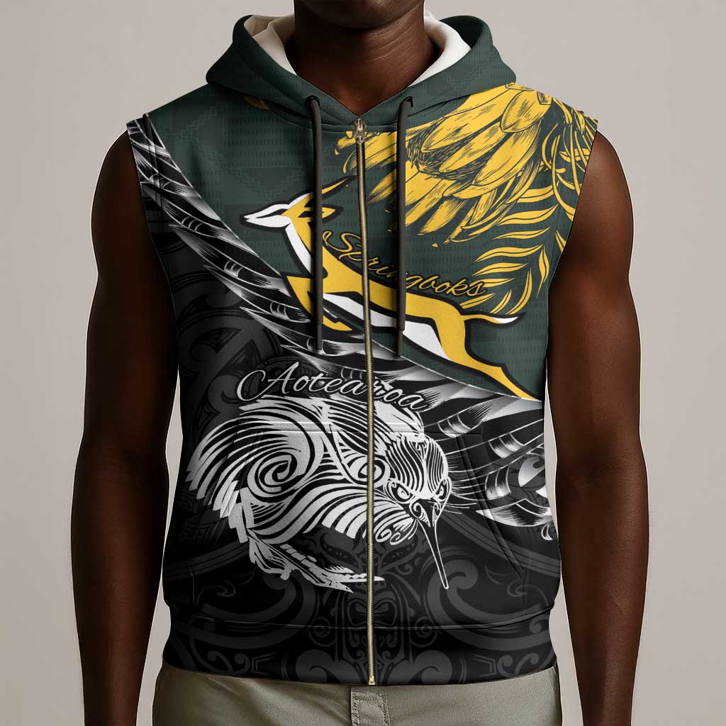 New Zealand vs South Africa Rugby Personalised Sleeveless Zip Hoodie Maori Kiwi With Springboks - African Pride