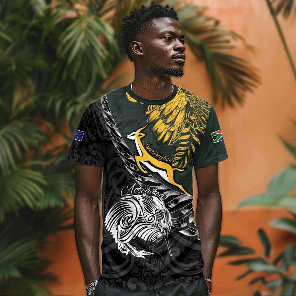 New Zealand vs South Africa Rugby Personalised T shirt Maori Kiwi With Springboks